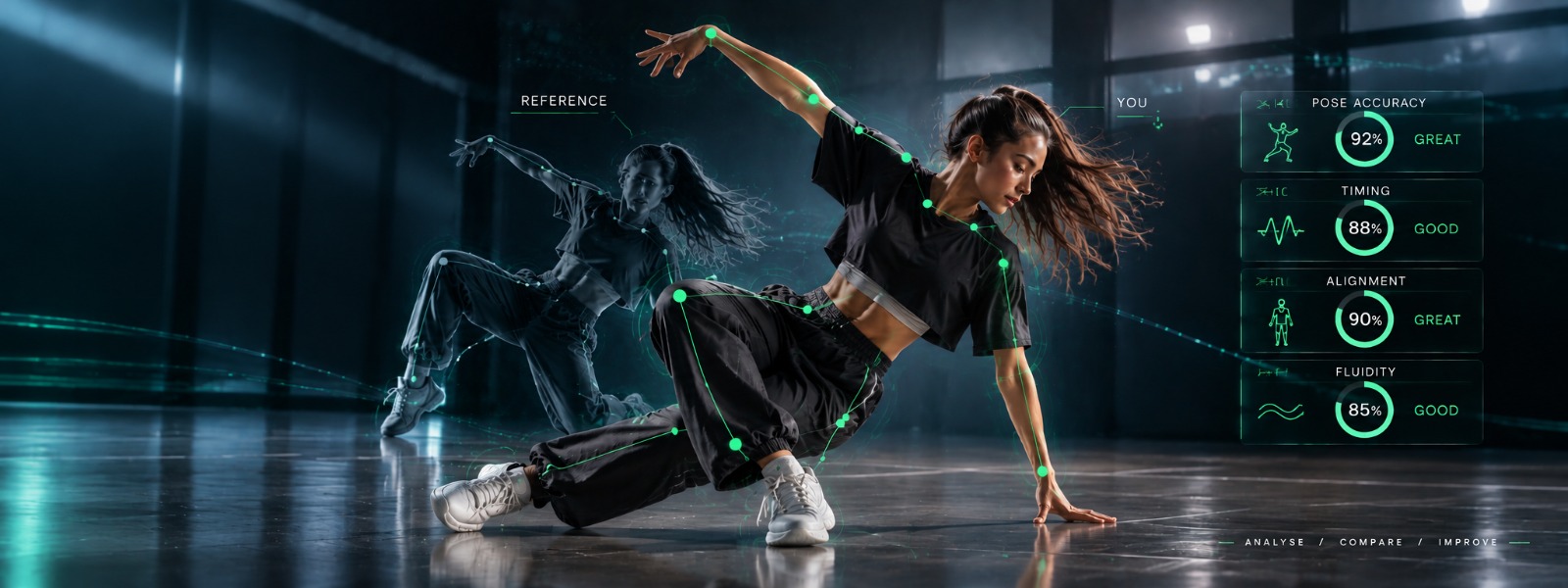 Pose accuracy, timing, and alignment scores beside a tracked athlete