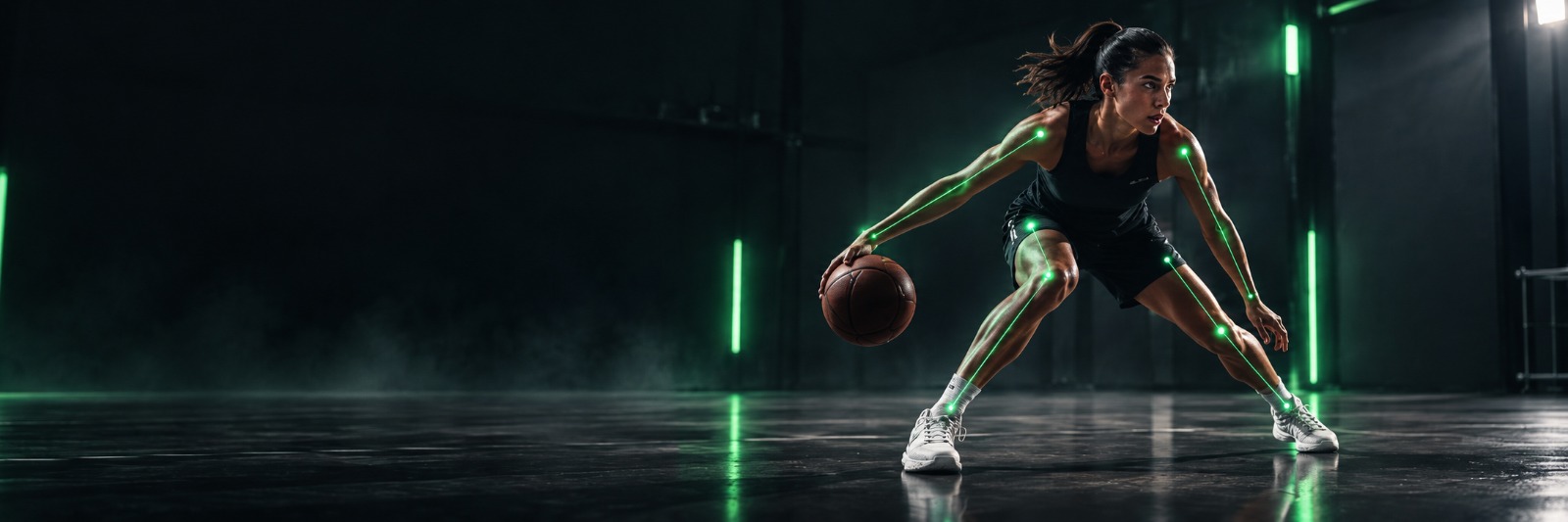 Athlete with neon pose skeleton overlay while dribbling