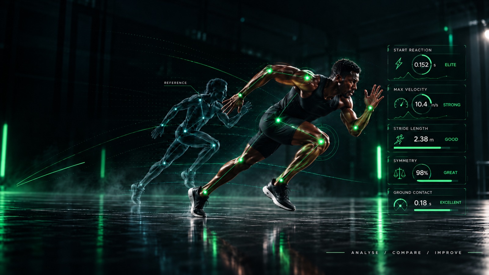 Sprint analysis report with reaction, velocity, stride, and symmetry metrics