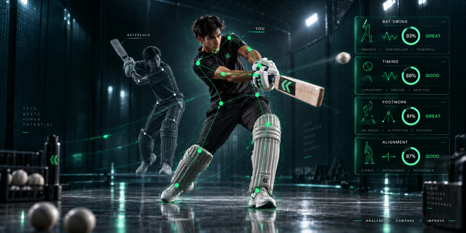 Cricket batting analysis with bat swing, timing, and footwork scores